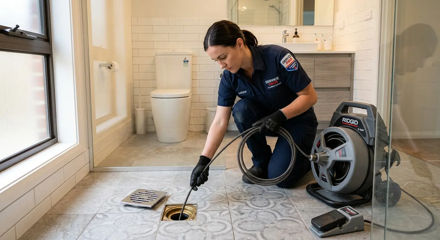 Technician clearing a bathroom floor drain for Sewer Line Installation in Marshfield